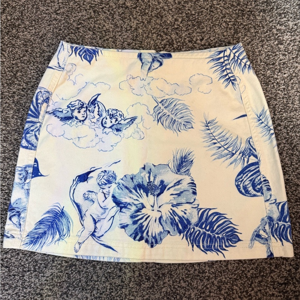 BDG Urban Outfitters Blue and White Angel Print Denim Mini Skirt